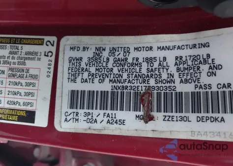 2007 Toyota Corolla Ce из США, поврежденный, VIN 1NXBR32E17Z930352